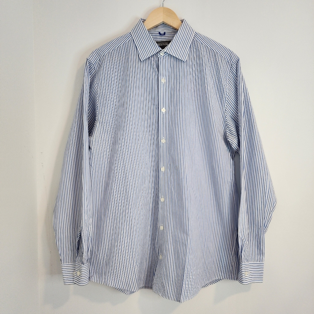 Kenneth Cole Reaction Mens Large Slim Fit Cotton Blue Striped Button Down Shirt